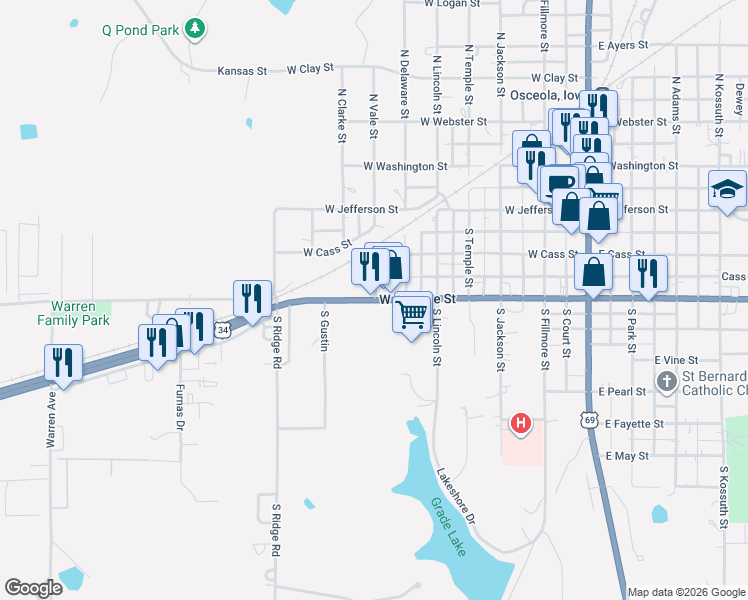 map of restaurants, bars, coffee shops, grocery stores, and more near 707 West McLane Street in Osceola