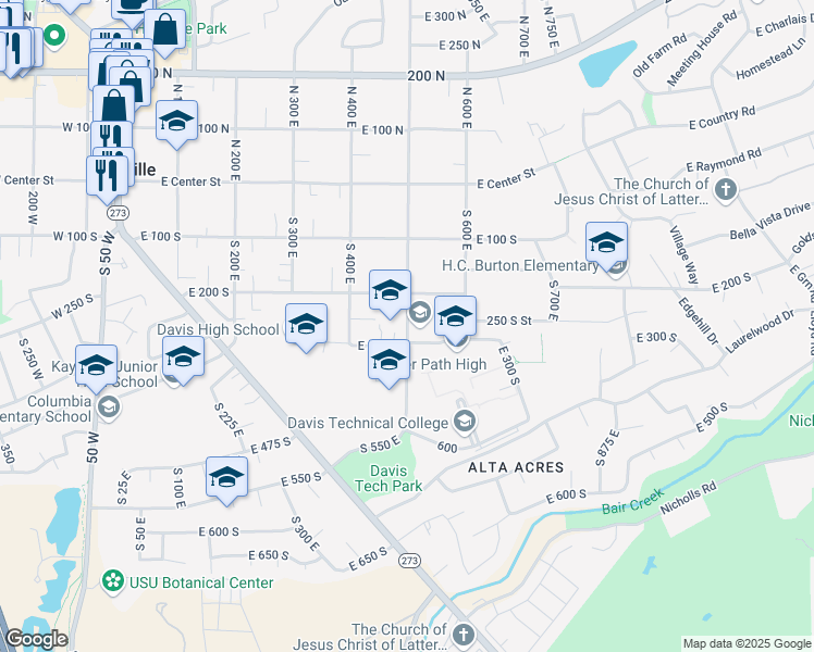 map of restaurants, bars, coffee shops, grocery stores, and more near 264 South 500 East in Kaysville