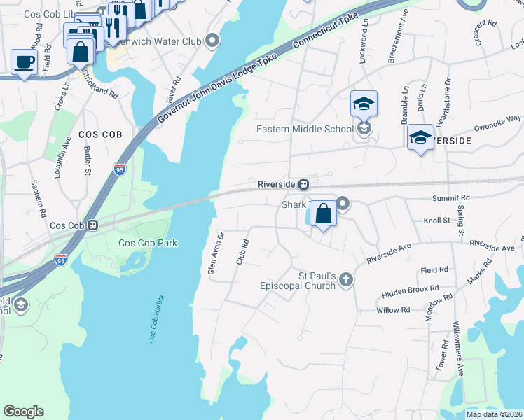 map of restaurants, bars, coffee shops, grocery stores, and more near 15 Miltiades Avenue in Greenwich