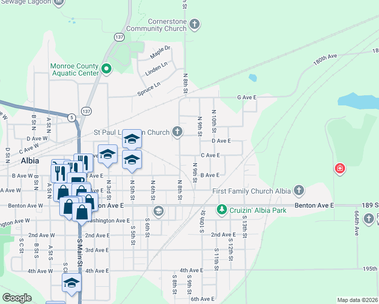 map of restaurants, bars, coffee shops, grocery stores, and more near 301-399 N 9th St in Albia