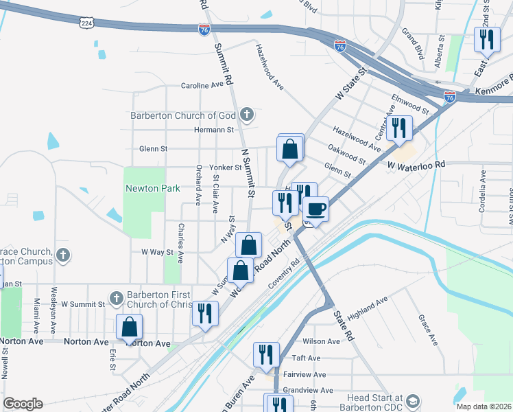 map of restaurants, bars, coffee shops, grocery stores, and more near 43 Swigart Street in Barberton