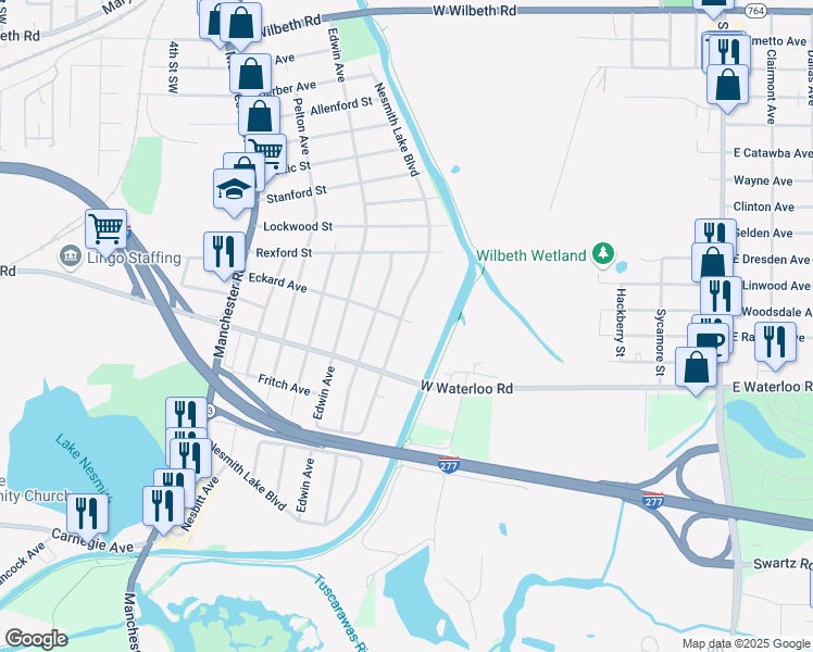 map of restaurants, bars, coffee shops, grocery stores, and more near 2509 Nesmith Lake Boulevard in Akron
