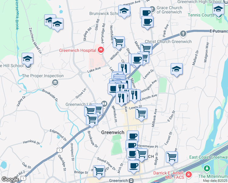 map of restaurants, bars, coffee shops, grocery stores, and more near Two Lafayette Court in Greenwich