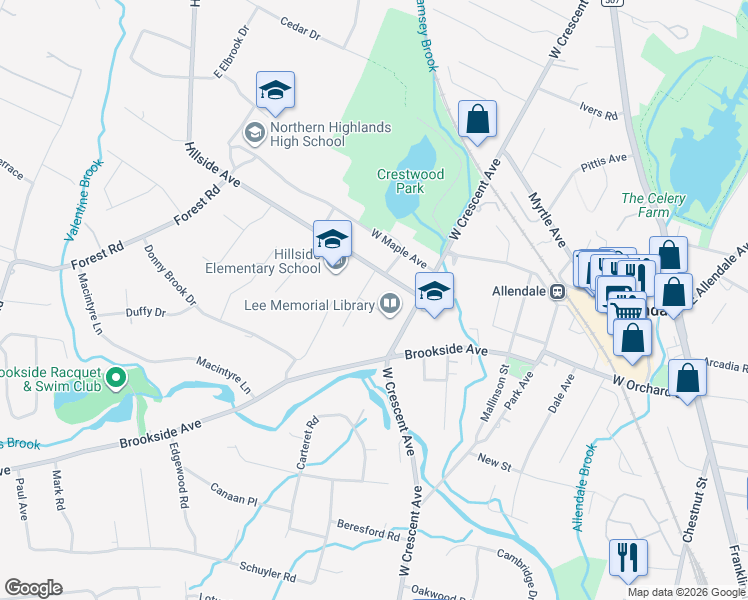 map of restaurants, bars, coffee shops, grocery stores, and more near 2 Wehner Place in Allendale