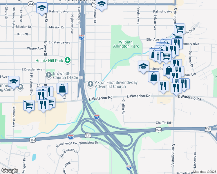 map of restaurants, bars, coffee shops, grocery stores, and more near 425 East Waterloo Road in Akron