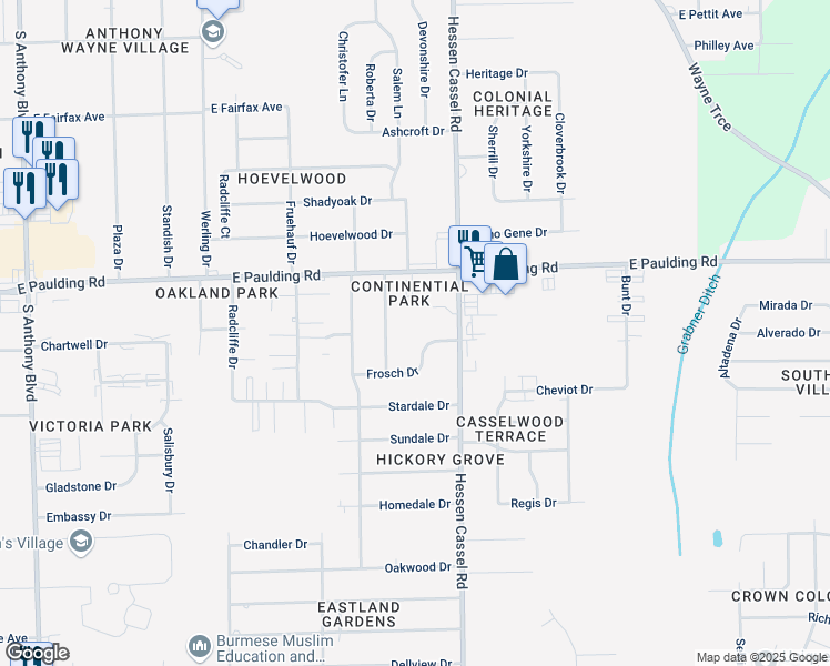 map of restaurants, bars, coffee shops, grocery stores, and more near 3135 Frosch Drive in Fort Wayne
