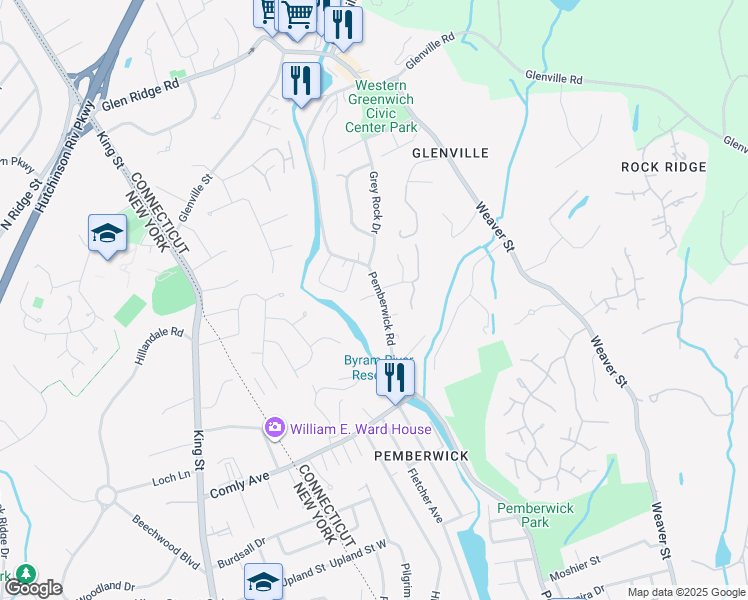 map of restaurants, bars, coffee shops, grocery stores, and more near 246 Pemberwick Road in Greenwich