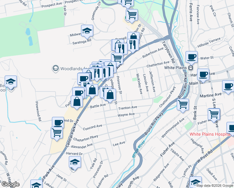 map of restaurants, bars, coffee shops, grocery stores, and more near 51 Primrose Street in White Plains