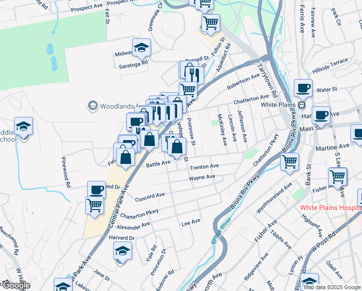 map of restaurants, bars, coffee shops, grocery stores, and more near 22 Cleveland Street in White Plains