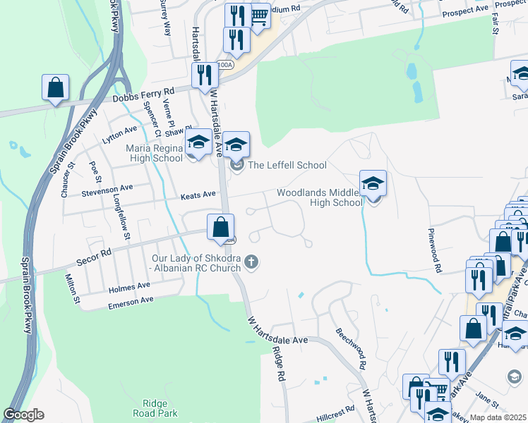 map of restaurants, bars, coffee shops, grocery stores, and more near 102 Stone Oaks Drive in Hartsdale