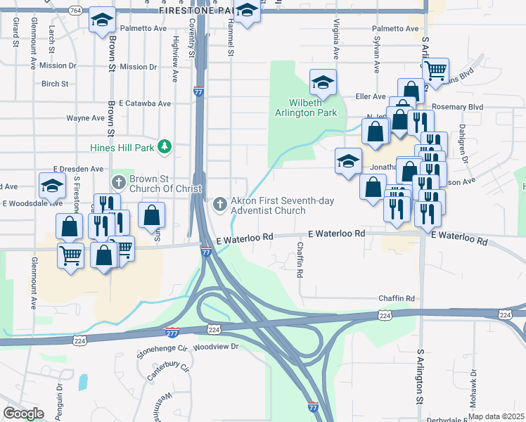 map of restaurants, bars, coffee shops, grocery stores, and more near 425 East Waterloo Road in Akron