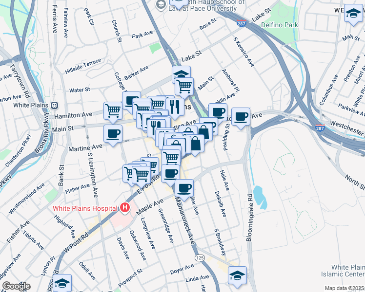 map of restaurants, bars, coffee shops, grocery stores, and more near in White Plains
