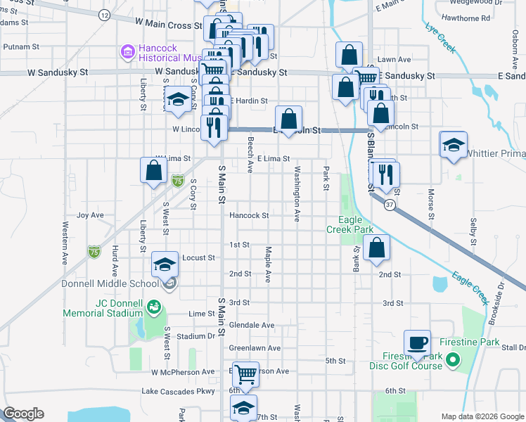 map of restaurants, bars, coffee shops, grocery stores, and more near 212 Hancock Street in Findlay