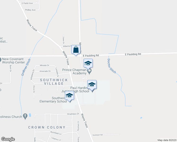 map of restaurants, bars, coffee shops, grocery stores, and more near 4808 East Paulding Road in Fort Wayne