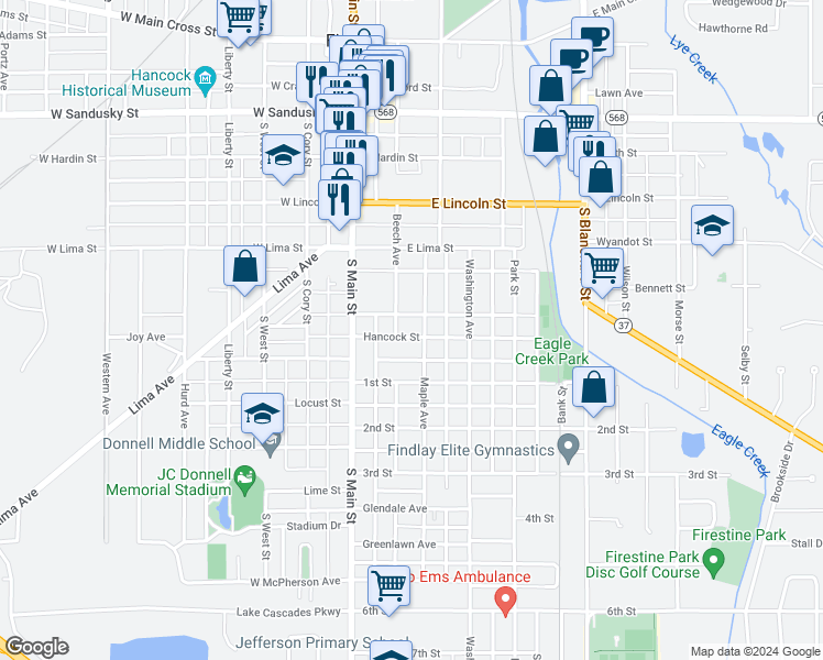 map of restaurants, bars, coffee shops, grocery stores, and more near 210 Hancock Street in Findlay