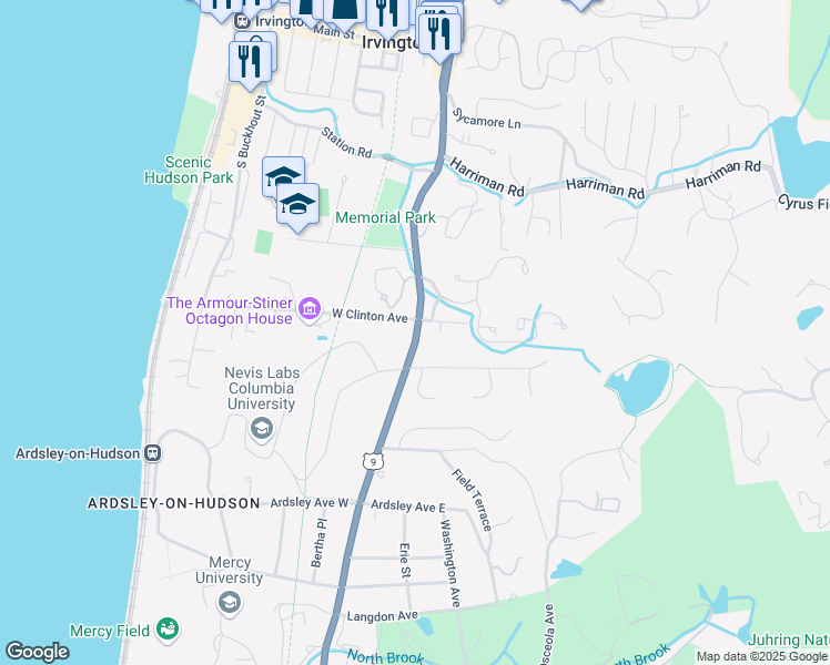 map of restaurants, bars, coffee shops, grocery stores, and more near 136 Broadway in Irvington