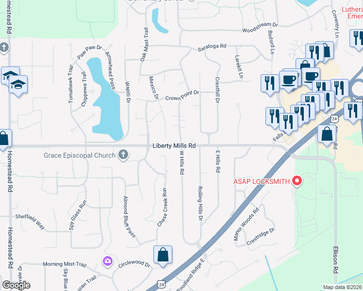map of restaurants, bars, coffee shops, grocery stores, and more near 5704 West Hills Road in Fort Wayne