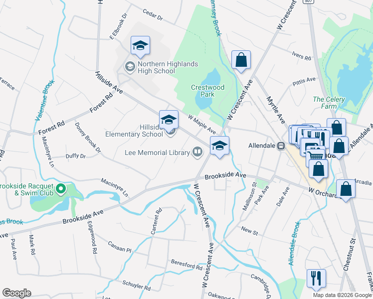 map of restaurants, bars, coffee shops, grocery stores, and more near 18 George Street in Allendale