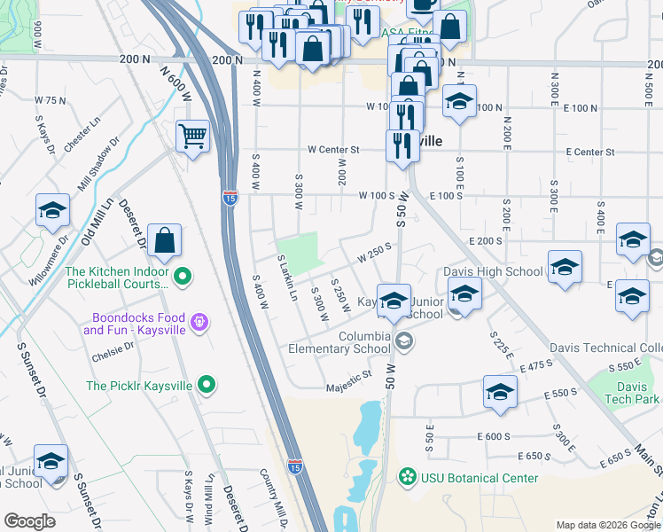 map of restaurants, bars, coffee shops, grocery stores, and more near 244 West 250 South in Kaysville