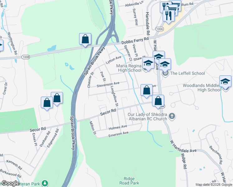 map of restaurants, bars, coffee shops, grocery stores, and more near 80 Keats Avenue in Hartsdale