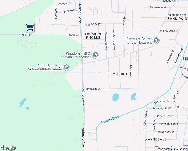map of restaurants, bars, coffee shops, grocery stores, and more near Spruce Drive in Fort Wayne