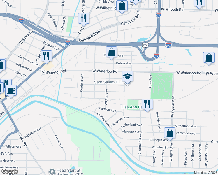 map of restaurants, bars, coffee shops, grocery stores, and more near 1227 Weiser Avenue in Akron