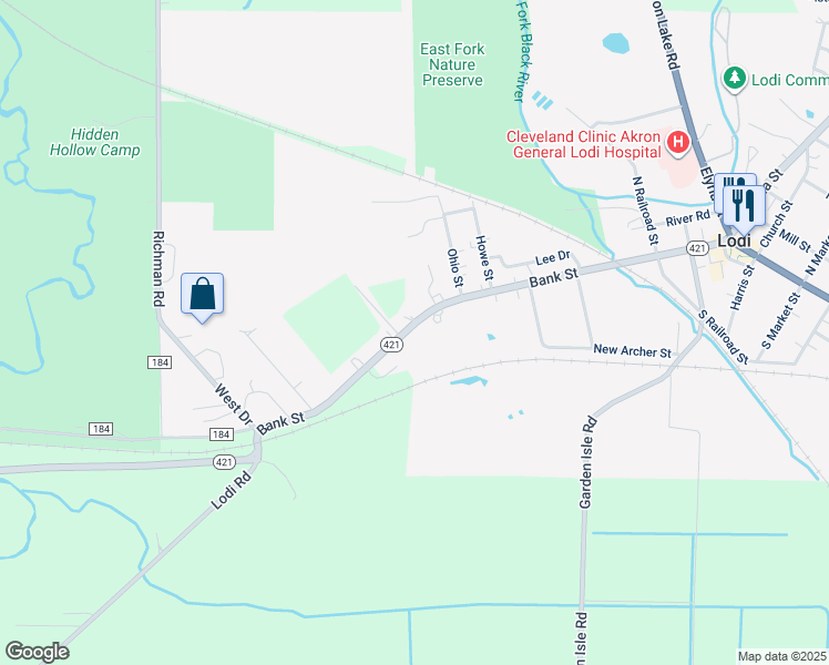map of restaurants, bars, coffee shops, grocery stores, and more near 730 Ohio 421 in Lodi