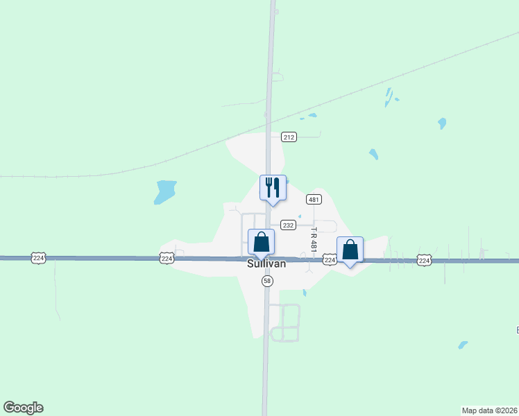 map of restaurants, bars, coffee shops, grocery stores, and more near 222 Ohio 58 in Sullivan