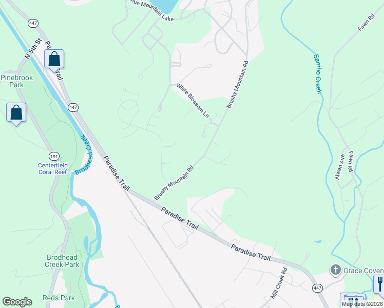 map of restaurants, bars, coffee shops, grocery stores, and more near 97 Brushy Mountain Road in East Stroudsburg