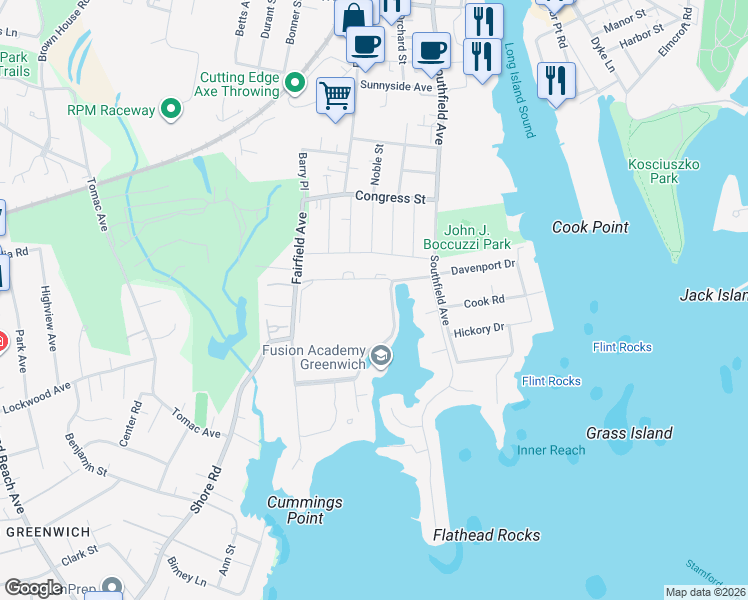 map of restaurants, bars, coffee shops, grocery stores, and more near 2 Top Gallant Road in Stamford