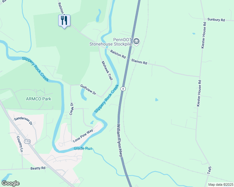 map of restaurants, bars, coffee shops, grocery stores, and more near 167 Mohawk Trail in Slippery Rock