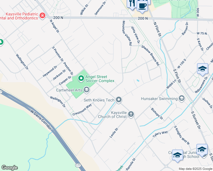 map of restaurants, bars, coffee shops, grocery stores, and more near 1539 Misty Breeze Circle in Kaysville