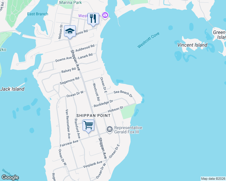 map of restaurants, bars, coffee shops, grocery stores, and more near 22 Sea Beach Drive in Stamford