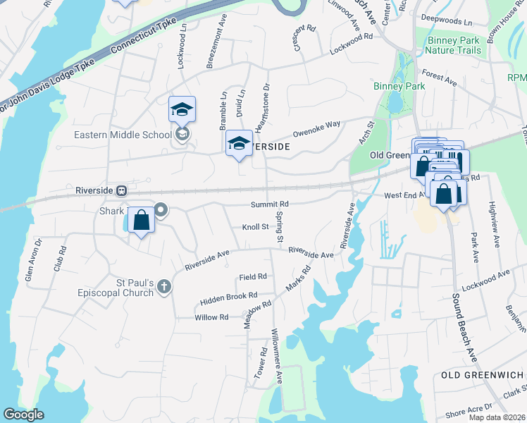 map of restaurants, bars, coffee shops, grocery stores, and more near 56 Summit Road in Greenwich