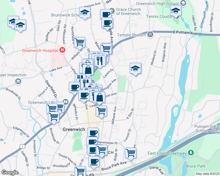 map of restaurants, bars, coffee shops, grocery stores, and more near 28 Lexington Avenue in Greenwich