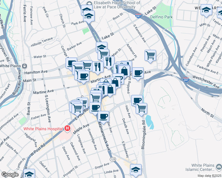map of restaurants, bars, coffee shops, grocery stores, and more near 44 South Broadway in White Plains