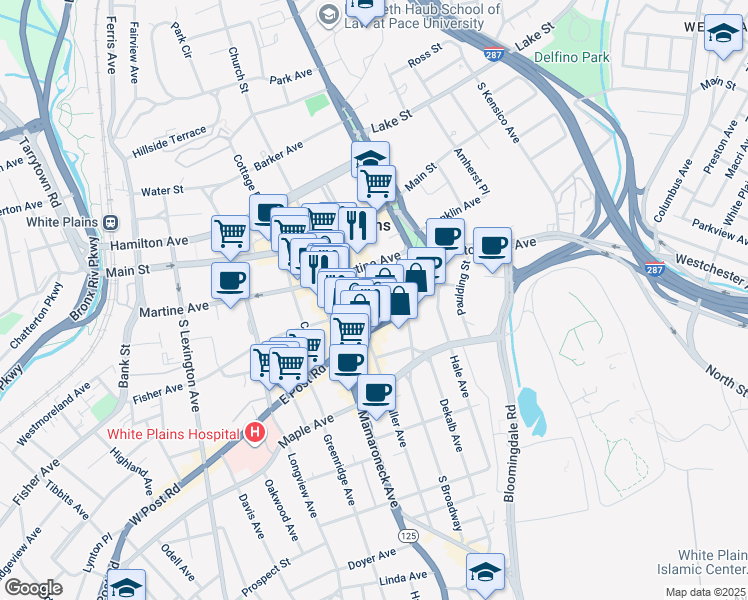 map of restaurants, bars, coffee shops, grocery stores, and more near 39 Mitchell Place in White Plains
