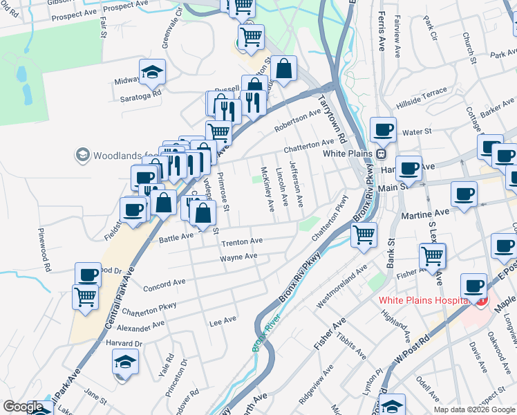 map of restaurants, bars, coffee shops, grocery stores, and more near 55 McKinley Avenue in White Plains