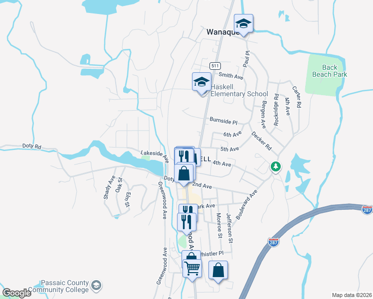 map of restaurants, bars, coffee shops, grocery stores, and more near 1049 County Road 511 in Wanaque