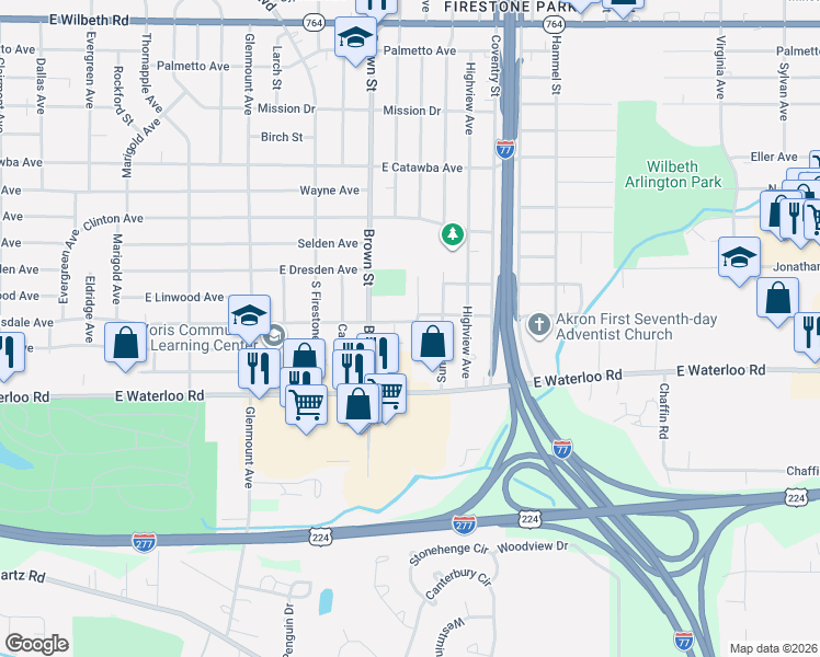 map of restaurants, bars, coffee shops, grocery stores, and more near 1847 Gless Avenue in Akron