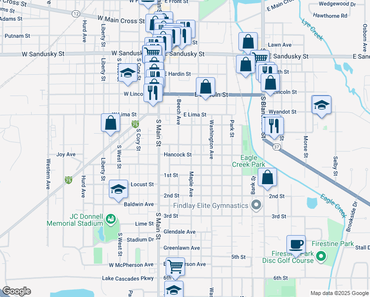 map of restaurants, bars, coffee shops, grocery stores, and more near 858 Maple Avenue in Findlay