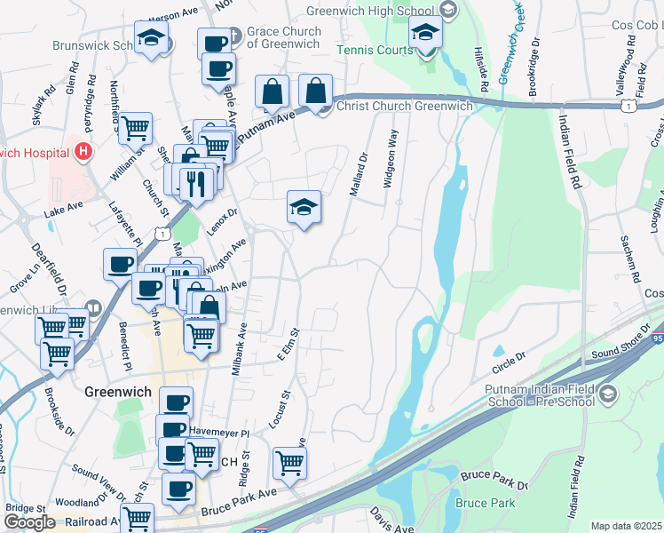 map of restaurants, bars, coffee shops, grocery stores, and more near 11 Anderson Road in Greenwich