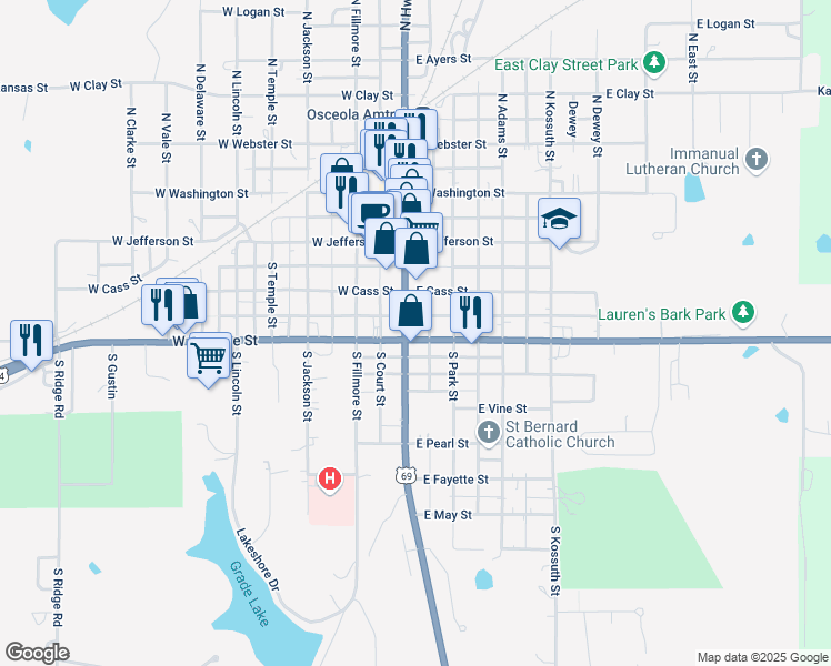 map of restaurants, bars, coffee shops, grocery stores, and more near 325 South Main Street in Osceola