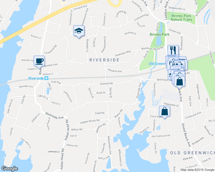 map of restaurants, bars, coffee shops, grocery stores, and more near 56 Summit Road in Greenwich