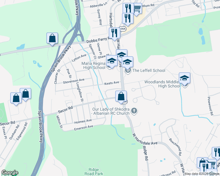 map of restaurants, bars, coffee shops, grocery stores, and more near 11 Carlyle Place in Hartsdale