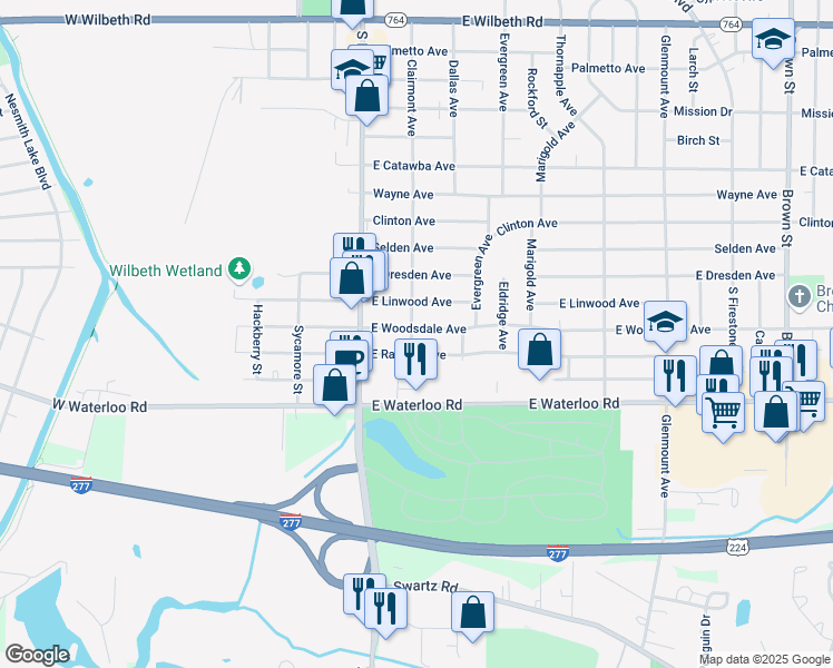 map of restaurants, bars, coffee shops, grocery stores, and more near 62 East Woodsdale Avenue in Akron