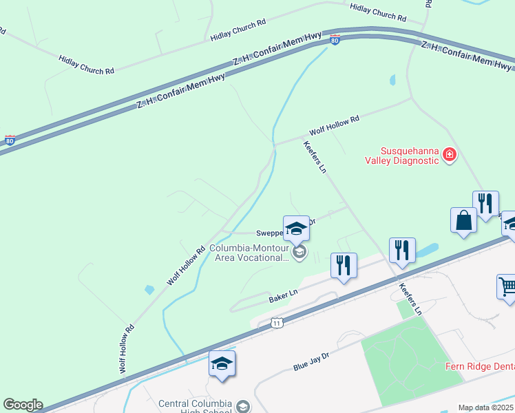 map of restaurants, bars, coffee shops, grocery stores, and more near 5005 Sweppenheiser Drive in Bloomsburg