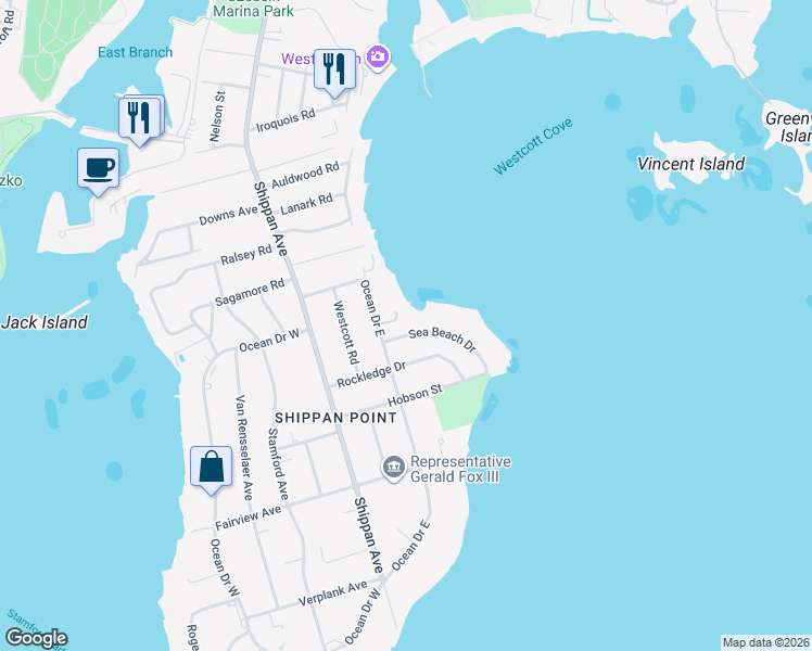 map of restaurants, bars, coffee shops, grocery stores, and more near 22 Sea Beach Drive in Stamford