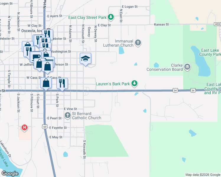 map of restaurants, bars, coffee shops, grocery stores, and more near 609 East McLane Street in Osceola
