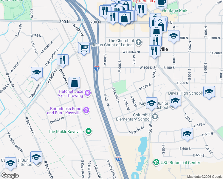 map of restaurants, bars, coffee shops, grocery stores, and more near 214 South Larkin Lane in Kaysville